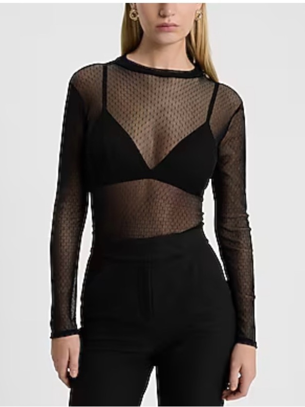 NWOT Express Sheer Mesh Polka Dot Long Sleeve Bodysuit
